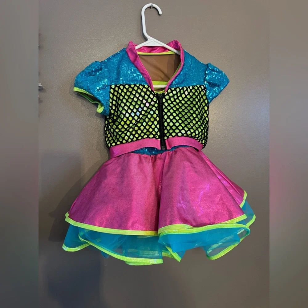 Girls' Bright Pink & Teal Dance Costume with Lime Accents